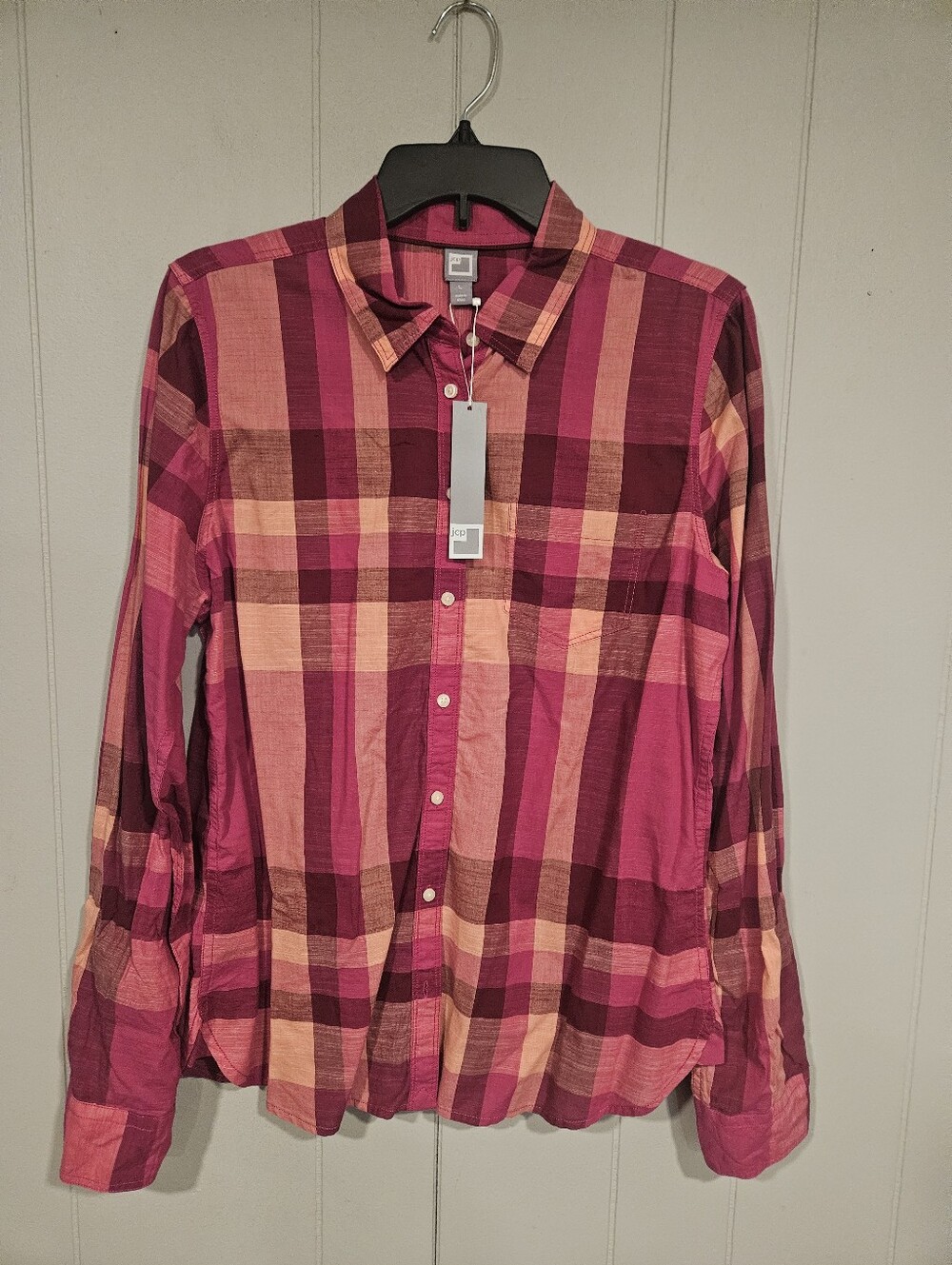 JCP Women's Long Sleeve 100 % Cotton Shirt Top Size Large Red Plaid Colorful NWT